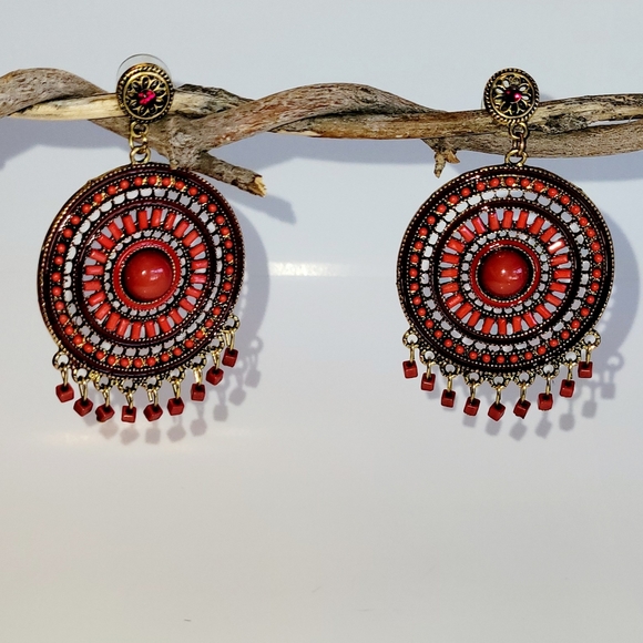 Mandela Earrings, Goldtone with Rust Orange Beading, Post Back - Picture 3 of 4